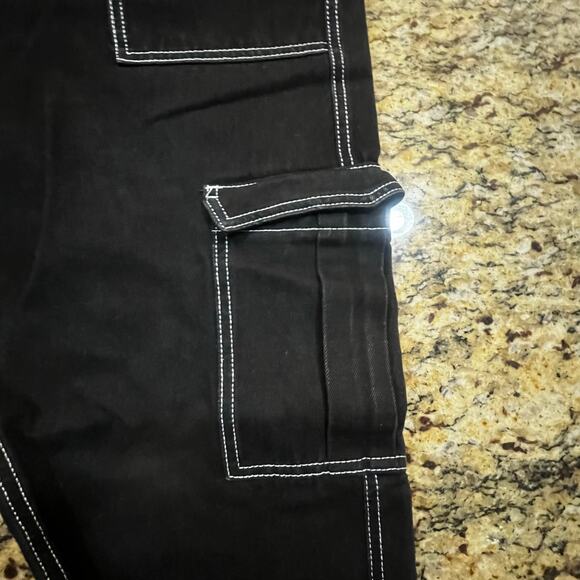 Fashion Nova Cargo Pants Womens 5 Black Utility Baggy Contrast Stitch Streetwear - Picture 5 of 8